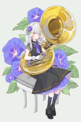 Rule 34 | 1girl, artist name, black dress, black footwear, black socks, blush, braid, collared dress, commentary, dress, english commentary, flower, gloves, grey background, grey hair, hair flower, hair ornament, highres, holding, holding instrument, instrument, layered dress, long hair, looking at viewer, melanbread, morning glory, neck ribbon, original, oversized flower, purple flower, purple ribbon, ribbon, shoes, short sleeves, signature, simple background, sitting, socks, solo, sousaphone, stool, watermark, white gloves, yellow eyes