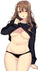 Rule 34 | 1girl, arm at side, black eyes, black panties, black sweater, blush, breasts, brown hair, clothes lift, flying sweatdrops, highres, jewelry, large breasts, legs together, lifting own clothes, long sleeves, looking at viewer, mendou kusai, navel, no bra, no pants, open mouth, original, panties, ring, simple background, solo, standing, stomach, sweater, sweater lift, underboob, underwear, wedding band, white background