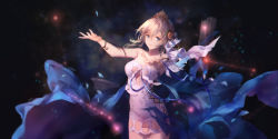 Rule 34 | 1girl, arms up, artist name, bare arms, bare shoulders, blonde hair, blue cape, blue eyes, breasts, cape, character request, closed mouth, clothing cutout, covered navel, cowboy shot, dark background, dress, flower, glowing, granblue fantasy, hair between eyes, hair flower, hair ornament, hair ribbon, highres, medium breasts, outstretched arms, red flower, red rose, ribbon, rose, short dress, short hair, signature, smile, solo, strapless, strapless dress, swd3e2, tiara, underboob, underboob cutout, white dress, white ribbon