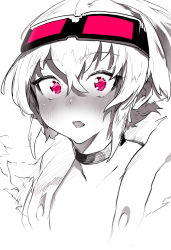 Rule 34 | 1girl, absurdres, blush, choker, goggles, goggles on head, highres, looking at viewer, monochrome, niwamaru (niwarhythm), niwarhythm, open mouth, original, pink eyes, pink theme, portrait, red theme, short hair, solo, upper body, white background, wide-eyed