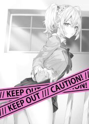 Rule 34 | 1girl, ahoge, blazer, bow, bowtie, braid, breasts, caution tape, clothes lift, commentary request, english text, french braid, greyscale, hair between eyes, hair ornament, head tilt, highres, jacket, lifted by self, looking at viewer, looking back, medium breasts, medium hair, miyamae nonoa, momoko (momopoco), monochrome, novel illustration, official art, parted lips, pleated skirt, railing, school uniform, second-party source, side ponytail, sidelocks, skirt, skirt lift, solo, star (symbol), star hair ornament, thighs, tokidoki bosotto roshia-go de dereru tonari no arya-san, vest, window, wing collar