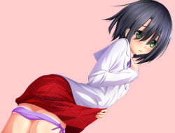 Rule 34 | 1girl, ass, black hair, blazer, clothes lift, commentary request, from behind, green eyes, hand on own chest, jacket, kansyasai, lifting own clothes, looking back, original, panties, panty pull, pink shirt, purple panties, red skirt, school uniform, shirt, short hair, skirt, skirt lift, solo, underwear, upper body, white blazer, white jacket