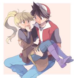 Rule 34 | 1boy, 1girl, baseball cap, black hair, black shirt, blonde hair, blue pants, boots, carrying, closed mouth, covered mouth, creatures (company), eye contact, game freak, hands up, hat, highres, jacket, knee boots, long hair, long sleeves, looking at another, nintendo, pants, pokemon, pokemon adventures, ponytail, popped collar, princess carry, red (pokemon), red eyes, red jacket, shirt, short hair, short sleeves, simple background, smile, spiked hair, yellow (pokemon), yellow eyes, yellow tunic, yui ko
