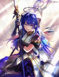 Rule 34 | 1girl, arknights, black gloves, blue eyes, blue hair, breasts, demon horns, detached wings, dress, gloves, hair between eyes, halo, highres, holding, holding staff, horns, light rays, long hair, medium breasts, mostima (arknights), mostima (spellbreaker) (arknights), nuu (liebe sk), official alternate costume, open mouth, signature, solo, staff, wings