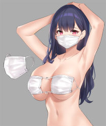 Rule 34 | 1girl, armpits, arms up, bare arms, bare shoulders, bikini, black hair, breasts, cleavage, collarbone, commentary request, eyepatch bikini, grey background, hand on own head, large breasts, long hair, looking at viewer, mask, mask bikini, mask on breasts, mouth mask, navel, original, popqn, red eyes, simple background, solo, stomach, surgical mask, swimsuit, upper body, virtual youtuber, white bikini, you&#039;re doing it wrong