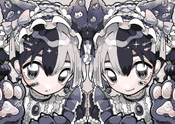 Rule 34 | 2girls, animal ears, animal hands, black choker, black gemstone, black hair, blush, bow, braid, cat ears, cat paws, choker, claws, earrings, fish, frills, gothic lolita, grey background, grey bow, grey eyes, grey hair, hair behind ear, hair between eyes, hair ornament, hairband, hairclip, heart, heart earrings, highres, jewelry, lolita fashion, lolita hairband, looking at viewer, mika no nijika, multicolored hair, multiple girls, original, rotated, signature, smile, sparkle, split-color hair, sticker on face, twintails, two-tone hair