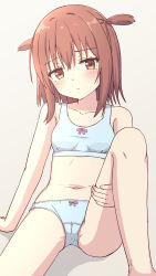 Rule 34 | 1girl, bare arms, bare legs, bare shoulders, blue bra, blue panties, blush, bow, bow bra, bow panties, bra, breasts, brown eyes, brown hair, cameltoe, closed mouth, collarbone, commentary request, feet out of frame, grey background, hair between eyes, head tilt, highres, knee up, long hair, navel, original, panties, shadow, small breasts, solo, takasuma hiro, training bra, two side up, underwear, underwear only