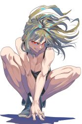 Rule 34 | 1girl, breasts, character request, cleavage, copyright request, green hair, highres, large breasts, long hair, muscular, muscular female, rasetsu001, red eyes, sharp teeth, shoes, shorts, simple background, solo, spaghetti strap, squatting, teeth, toned, white background
