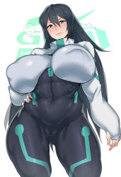 Rule 34 | abs, absurdres, black hair, blush, bodysuit, breasts, cameltoe, covered erect nipples, curvy, green eyes, gundam, gundam build divers, gundam build divers re:rise, half-closed eyes, hand on own hip, highres, huge breasts, impossible bodysuit, impossible clothes, large breasts, looking at viewer, may (gundam build divers re:rise), natedecock, puffy nipples, wide hips