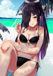 Rule 34 | 1girl, bare shoulders, bikini, black bikini, black hair, blush, bondo (borndragon), breasts, brown eyes, cleavage, collarbone, hair over one eye, hair ribbon, hammock, hayashimo (kancolle), jewelry, kantai collection, knee up, long hair, looking at viewer, md5 mismatch, medium breasts, navel, open mouth, reclining, resolution mismatch, ribbon, ring, smile, solo, source larger, stomach, swimsuit, thighs, very long hair, wedding ring