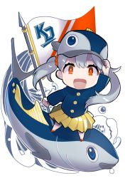 Rule 34 | 1girl, :d, animal, arm up, bad id, bad pixiv id, baseball cap, blue eyes, blue jacket, chibi, commentary request, copyright request, fish, fish hat, flag, grey hair, hair between eyes, hand on headwear, hat, highres, holding, holding flag, jacket, long hair, long sleeves, omucchan (omutyuan), open mouth, pleated skirt, red eyes, red footwear, shoes, skirt, smile, solo, standing, twintails, uneven twintails, very long hair, white background, yellow skirt