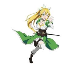 Rule 34 | 10s, 1girl, blonde hair, breasts, cleavage, collar, collarbone, full body, green eyes, hair ornament, highres, leafa, long hair, looking at viewer, official art, one eye closed, open mouth, pointy ears, simple background, solo, sword art online, sword art online: code register, white background, white legwear