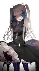 Rule 34 | 1boy, absurdres, bare shoulders, black dress, blue hair, cowboy shot, detached sleeves, die (ohisashiburi), dress, earrings, eyeshadow, glint, gothic lolita, grey hair, hair intakes, hands up, highres, jewelry, lolita fashion, long hair, long sleeves, looking at viewer, makeup, male focus, ohisashiburi, original, pantyhose, parted lips, petticoat, purple eyes, purple pantyhose, simple background, slime (substance), smile, solo, standing, striped clothes, striped pantyhose, trap, two side up, vertical-striped clothes, vertical-striped pantyhose, white background