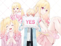 Rule 34 | 1boy, 1girl, 2 (tsvf3235), black pants, blonde hair, blue jacket, brother and sister, closed eyes, closed mouth, hair ornament, jacket, long hair, low twintails, multicolored hair, open mouth, pajamas, pants, pillow, pink eyes, pink footwear, pink hair, pink pajamas, pink shorts, project sekai, red hair, sandals, shirt, short hair, shorts, siblings, smile, tenma saki, tenma tsukasa, twintails, yes, yes-no pillow