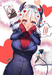 Rule 34 | !, 1girl, artist name, blue jacket, blue skirt, blush, book, breasts, commentary, curled horns, demon girl, demon horns, demon tail, emphasis lines, fang, hair between eyes, hands on own face, heart, helltaker, horns, jacket, large breasts, long hair, long sleeves, looking at viewer, modeus (helltaker), open book, open mouth, red eyes, red sweater, ribbed sweater, signature, silver hair, skirt, sleeves past wrists, solo, spoken exclamation mark, sweater, tail, tail raised, tempy (rinsia), turtleneck, turtleneck sweater, white background