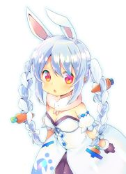 Rule 34 | 1girl, animal ear fluff, animal ears, black gloves, black leotard, black pantyhose, blue hair, blue outline, blush, bow, braid, breasts, carrot hair ornament, cleavage, commentary request, detached sleeves, don-chan (usada pekora), dress, food-themed hair ornament, fur-trimmed gloves, fur trim, gloves, hair between eyes, hair bow, hair ornament, hololive, kou hiyoyo, leotard, medium breasts, multicolored hair, outline, pantyhose, puffy short sleeves, puffy sleeves, rabbit ears, red eyes, short eyebrows, short sleeves, solo, strapless, strapless dress, strapless leotard, thick eyebrows, twin braids, twintails, two-tone hair, usada pekora, usada pekora (1st costume), virtual youtuber, white background, white bow, white dress, white hair, white sleeves
