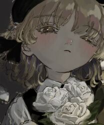 Rule 34 | 1girl, absurdres, beret, black hat, black ribbon, blush, bouquet, bright pupils, brown eyes, brown hair, collared shirt, colored eyelashes, commentary request, flower, frown, grey background, hair ribbon, half-closed eyes, hat, hatoba tsugu, head tilt, highres, holding, holding bouquet, kodokushi (wtmkdu), looking at viewer, medium hair, mole, mole under eye, parted lips, portrait, ribbon, rose, shirt, simple background, solo, suspenders, thick eyebrows, tsugu (vtuber), uneven eyes, virtual youtuber, white flower, white pupils, white rose, white shirt