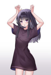 Rule 34 | 1girl, :d, absurdres, arms up, bad id, bad pixiv id, black hair, blush, contrapposto, cowboy shot, grey background, highres, long hair, nagisa (cxcx5235), open mouth, original, oversized clothes, oversized shirt, purple eyes, shirt, short sleeves, simple background, smile, solo, two-sided shirt