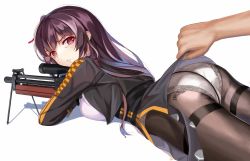 Rule 34 | 1boy, 1girl, annoyed, ass, blush, breast press, breasts, brz, cameltoe, clothes lift, dress, from behind, girls&#039; frontline, gun, highres, large breasts, long hair, looking at viewer, looking back, military, military uniform, pantyhose, purple hair, red eyes, rifle, shiny clothes, short dress, sideboob, skirt, skirt hold, skirt lift, sniper rifle, solo focus, uniform, wa2000 (girls&#039; frontline), weapon