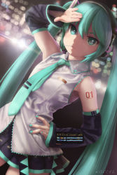 Rule 34 | 1girl, artist name, blue eyes, blue hair, detached sleeves, dutch angle, hand on own hip, hatsune miku, highres, long hair, matching hair/eyes, mouth hold, nail polish, necktie, novcel, shading eyes, skirt, solo, twintails, very long hair, vocaloid