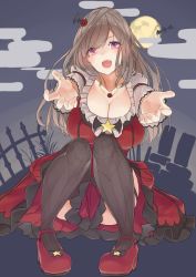 Rule 34 | 1girl, bat (animal), bat wings, breasts, brown hair, brown thighhighs, cleavage, clothes between thighs, cloud, collarbone, dress, facing viewer, fang, fence, frills, full moon, hair ornament, halloween, high heels, highres, idolmaster, idolmaster shiny colors, jewelry, large breasts, long hair, looking at viewer, moon, necklace, open mouth, outdoors, outstretched arms, pekoni (peconi), pink eyes, red dress, red footwear, silk, sitting, spider web, star (symbol), thighhighs, tombstone, tsukioka kogane, vampire, wings