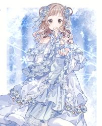 Rule 34 | 1girl, beads, blue flower, blue nails, blue rose, blue theme, border, bridal veil, brown eyes, brown hair, choker, covering own mouth, dress, dress flower, expressionless, fingernails, flower, frilled choker, frilled dress, frills, frozen, hair flower, hair ornament, highres, ice, ichikawa hinana, idolmaster, idolmaster shiny colors, jewelry, light blue background, light brown hair, long hair, migolu, nail polish, neckwear request, outside border, rose, snowflakes, solo, too many flowers, veil, white border, white choker, white flower, white rose, wide sleeves, winter