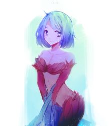 Rule 34 | 1girl, aqua hair, artist name, bare shoulders, blue eyes, breasts, cleavage, collarbone, cowboy shot, feathers, harpy, harpy (terraria), highres, looking at viewer, monster girl, red feathers, sakanfish, short hair, small breasts, solo, terraria, white background, winged arms, wings