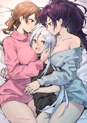 Rule 34 | 3girls, age difference, asahina mafuyu, black shirt, blue eyes, blue sweater, blush, breasts, brown hair, closed mouth, ge-b, girl sandwich, grey hair, hair between eyes, hand on another&#039;s cheek, hand on another&#039;s face, highres, large breasts, long hair, long sleeves, looking at another, lying, medium hair, mochizuki honami, multiple girls, off shoulder, on bed, on side, onee-loli, open mouth, pink sweater, ponytail, profile, project sekai, purple hair, sandwiched, shirt, shorts, sweater, white shorts, yoisaki kanade, yuri