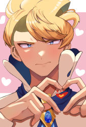 Rule 34 | 1boy, ascot, bad id, bad pixiv id, blonde hair, blouse, blue ascot, blue eyes, closed mouth, commentary request, creatures (company), game freak, heart, heart hands, high collar, highres, looking at viewer, male focus, nintendo, notice lines, okuro zmzm, own hands together, pink background, pokemon, pokemon xy, shirt, short hair, siebold (pokemon), solo, upper body, white shirt