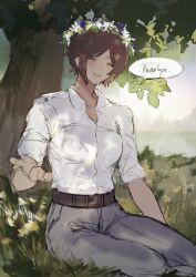 Rule 34 | 1girl, belt, breasts, brown hair, collared shirt, dappled sunlight, day, devilgoodbaby, dress shirt, english text, grass, grey pants, head wreath, highres, light blush, limbus company, outdoors, outis (project moon), outstretched hand, pants, project moon, shirt, short hair, sitting, sketch, sleeves pushed up, small breasts, smile, solo, speech bubble, sunlight, tree, white shirt