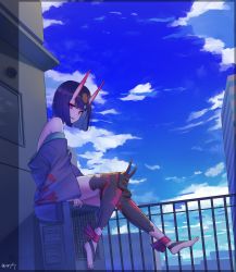 Rule 34 | 1girl, absurdres, bare shoulders, blue sky, bob cut, breasts, collarbone, day, eyeliner, fate/grand order, fate (series), feet, headpiece, highres, horns, japanese clothes, kimono, legs, long sleeves, looking at viewer, makeup, nail polish, oni, open mouth, purple eyes, purple hair, purple kimono, sawarineko, short hair, shuten douji (fate), sitting, skin-covered horns, sky, small breasts, smile, solo, wide sleeves