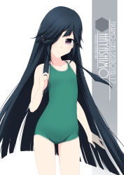 Rule 34 | 1girl, alternate breast size, artist name, black hair, brown eyes, character name, collarbone, cowboy shot, flat chest, green one-piece swimsuit, hair over one eye, hayashimo (kancolle), highres, hime cut, inaba shiki, kantai collection, long hair, looking at viewer, one-hour drawing challenge, one-piece swimsuit, school swimsuit, simple background, solo, standing, swimsuit, very long hair, white background