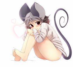 Rule 34 | 1girl, aki (akikaze asparagus), animal ears, bare legs, barefoot, blush, bottomless, breasts, covered erect nipples, feet, female focus, full body, grey hair, hands on own knees, heart, long sleeves, mouse ears, mouse tail, naked sweater, nazrin, nipples, red eyes, ribbed sweater, short hair, simple background, sitting, smile, solo, sweater, tail, touhou