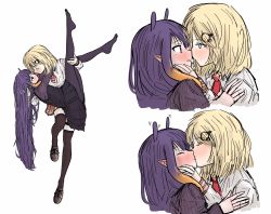 Rule 34 | 2girls, black legwear, blonde hair, blue eyes, blush, carrying, closed eyes, commentary, ear blush, english commentary, eye contact, face-to-face, facing another, from side, gradient hair, highres, hololive, hololive english, kiss, legs up, long hair, long sleeves, looking at another, medium hair, mole, mole under eye, multicolored hair, multiple girls, multiple views, ninomae ina&#039;nis, ninomae ina&#039;nis (casual), orange hair, pantyhose, pointy ears, princess carry, profile, purple hair, purple legwear, ribbed sleeves, sidelocks, swoog, tentacle hair, thighhighs, very long hair, virtual youtuber, watson amelia, white background, yuri