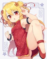 Rule 34 | 1girl, :o, baku-p, blonde hair, breasts, china dress, chinese clothes, covered navel, double bun, dress, fighting stance, hair bun, highres, lily black, lily white, long hair, looking at viewer, red dress, red eyes, sleeveless, sleeveless dress, small breasts, solo, standing, standing on one leg, touhou