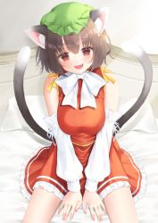 Rule 34 | 1girl, :d, animal ears, bare shoulders, bed, bed sheet, blush, breasts, brown eyes, brown hair, cat ears, cat tail, chen, commentary request, detached sleeves, dress, earrings, fingernails, frilled dress, frills, green hat, hat, highres, jewelry, large breasts, mob cap, multiple tails, open mouth, pillow, red dress, ribbon, short hair, single earring, sitting, smile, solo, tail, teeth, touhou, two tails, upper teeth only, white ribbon, y na1211, ||/