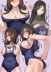 Rule 34 | 1girl, blue one-piece swimsuit, blush, braid, breasts, breasts out, brown hair, clothing aside, commentary request, covered navel, embarrassed, green sweater, hair ornament, hair over one eye, highres, large breasts, long braid, long hair, looking at viewer, multiple views, name tag, nijisanji, nipples, one-piece swimsuit, open mouth, orange eyes, ribbed sweater, sakupanp, school swimsuit, shirayuki tomoe, shirayuki tomoe (1st costume), single braid, solo, sweater, swimsuit, swimsuit aside, translation request, virtual youtuber