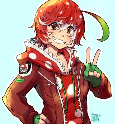 Rule 34 | 1girl, ahoge, blush, brown jacket, clenched teeth, collarbone, commentary, english commentary, fingerless gloves, freckles, gloves, green gloves, grin, gurepyon, hand on own hip, hood, hoodie, jacket, long sleeves, mario (series), multicolored hair, nintendo, open mouth, personification, piranha plant, red eyes, red hair, short hair, signature, simple background, smile, solo, super smash bros., teeth, upper body, v
