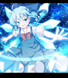 Rule 34 | 1girl, :d, ahoge, blue bow, blue dress, blue eyes, blue hair, bow, cirno, commentary, do (4-rt), dress, hair bow, highres, ice, ice wings, large bow, letterboxed, open mouth, outstretched arms, pinafore dress, puffy short sleeves, puffy sleeves, shirt, short hair, short sleeves, sleeveless dress, smile, solo, spread arms, touhou, v-shaped eyebrows, white shirt, wings