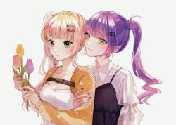Rule 34 | 2girls, alternate costume, alternate hairstyle, blonde hair, closed mouth, earrings, fang, flower, fyuu-ka, green eyes, highres, holding, holding another&#039;s arm, holding flower, hololive, jewelry, long hair, looking at viewer, momosuzu nene, multiple earrings, multiple girls, nail polish, pink flower, pink tulip, pointy ears, purple flower, purple hair, purple nails, purple tulip, shirt, side ponytail, skin fang, smile, tokoyami towa, tulip, upper body, virtual youtuber, white background, white shirt, yellow flower, yellow nails, yellow tulip