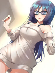 1girl absurdres alice_gear_aegis black-framed_eyewear blue_eyes blue_hair cosplay glasses highres kaneshiya_sitara kaneshiya_sitara_(cosplay) long_hair momoshina_fumika nana_(732_kaiten) sweater white_sweater