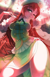 Rule 34 | 1girl, beret, braid, breasts, chinese clothes, contrapposto, cowboy shot, hat, highres, hong meiling, long hair, one eye closed, puffy sleeves, red eyes, red hair, rtil, side braid, side slit, skirt, skirt set, solo, standing, star (symbol), sunset, thighs, touhou, twin braids, wide hips