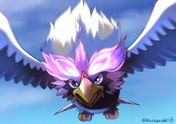 Rule 34 | absurdres, bird, blurry, cloud, commentary request, creatures (company), day, flying, game freak, glowing, highres, hisuian braviary, hisuian form, nintendo, no humans, open mouth, outdoors, pokemon, pokemon (creature), sky, solo, tongue, watagashikn