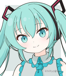 Rule 34 | 1girl, blue eyes, blue hair, blue necktie, blush, closed mouth, collared shirt, commentary request, frilled shirt collar, frills, grey background, grey shirt, hair between eyes, hatsune miku, long hair, mitya, necktie, shirt, sleeveless, sleeveless shirt, smile, solo, twintails, twitter username, two-tone background, upper body, vocaloid, white background