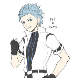 Rule 34 | 1boy, bad id, bad pixiv id, black gloves, black shirt, blue eyes, blue hair, camus (dq11), commentary request, dragon quest, dragon quest xi, earrings, fingerless gloves, game console, gloves, grin, hand on own hip, hand up, highres, jewelry, looking at viewer, male focus, mondi hl, open clothes, open shirt, playstation 5, shirt, short hair, short sleeves, simple background, smile, solo, spiked hair, upper body, white background, white shirt