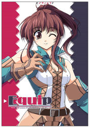 Rule 34 | 00s, 1girl, brown eyes, brown hair, detached sleeves, final fantasy, final fantasy xi, gloves, hume, ponytail, solo, wink, you haruka