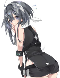 Rule 34 | 1girl, ahoge, arknights, ass, bare shoulders, black gloves, black hair, black shirt, black shorts, blouse, blush, commentary, cowboy shot, flying sweatdrops, from behind, gloves, grey eyes, hair intakes, hair ornament, hairband, highres, infection monitor (arknights), la pluma (arknights), looking at viewer, looking back, shirt, short shorts, shorts, simple background, single glove, sleeveless, sleeveless shirt, solo, standing, tsuyuki yuki, white background, white hairband