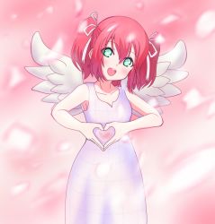 Rule 34 | 1girl, aqua eyes, artist name, artist request, bare shoulders, blush, breasts, checkered clothes, checkered dress, checkered skirt, collarbone, dress, earrings, feather earrings, feathers, female focus, green eyes, hair between eyes, hair ribbon, heart, heart hands, highres, jewelry, kurosawa ruby, looking at viewer, love live!, love live! school idol festival, love live! sunshine!!, miniskirt, parted lips, pink background, plaid, plaid dress, plaid skirt, pleated, pleated dress, pleated skirt, red hair, ribbon, short hair, skirt, sleeveless, sleeveless dress, smile, solo, teeth, the story of feather (love live!), twintails, two side up, white dress, white ribbon, white skirt, white wings, wings