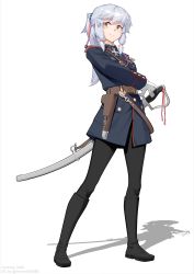 Rule 34 | 1girl, absurdres, belt, boots, epaulettes, full body, gloves, grey hair, hair between eyes, highres, holster, medal, military, military uniform, original, pantyhose, ponytail, resolution mismatch, saber (weapon), shadow, sheath, sheathed, smile, solo, source larger, standing, sword, thick eyebrows, uniform, vectorek, weapon, white background, white gloves, yellow eyes