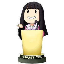 Rule 34 | 1girl, black hair, blunt bangs, bobblehead, bow, bowtie, fallout (series), fallout 3, female focus, houraisan kaguya, long hair, microphone, musashino udon, pink bow, pink bowtie, simple background, smile, solid circle eyes, solo, touhou, upper body, vault boy, very long hair, what, white background